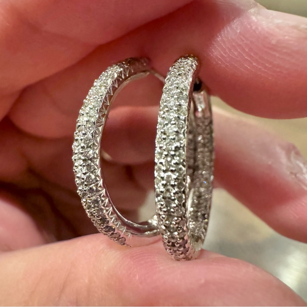 14K White Gold Diamond Inside Outside Hoop Earrings